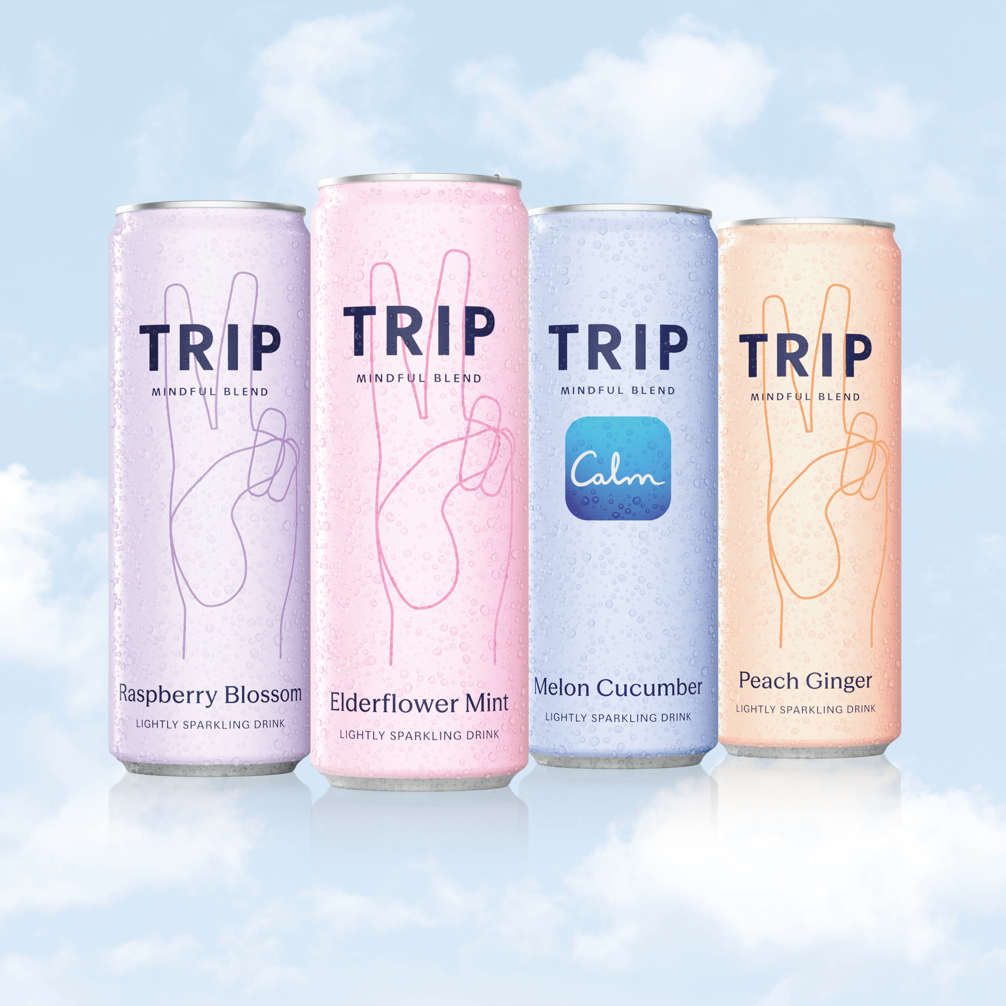 Four cans of TRIP drinks with different flavors on a light blue background